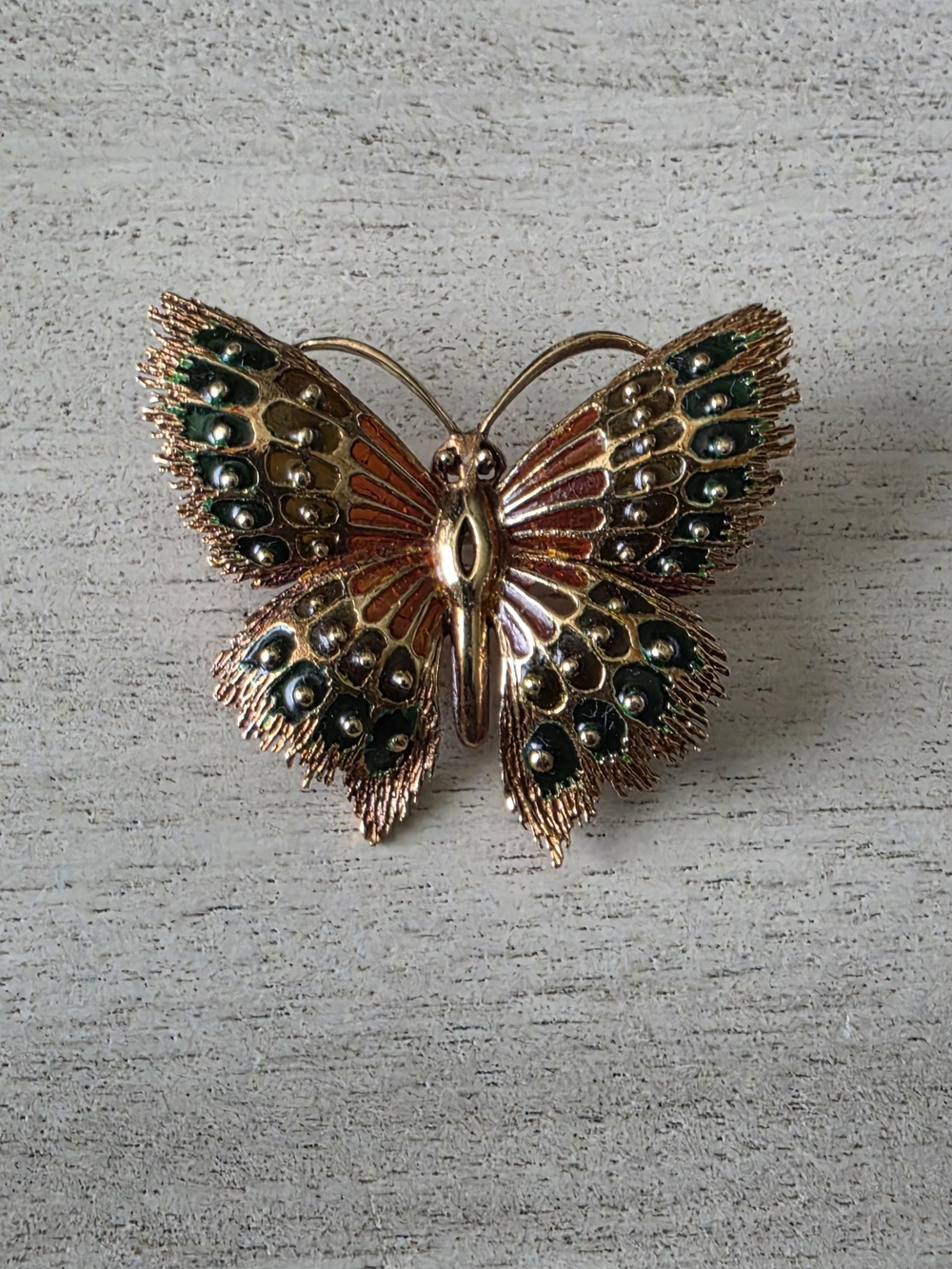 14K Gold Butterfly Brooch with Green and Orange Enamel